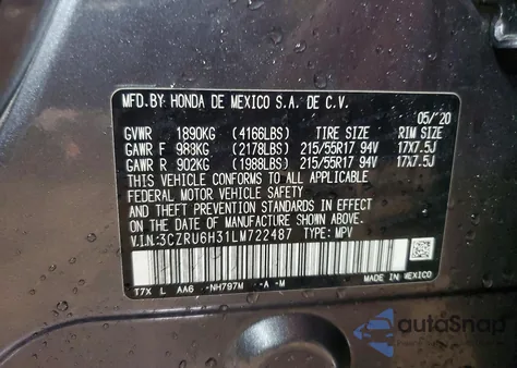 2020 Honda Hr-V Lx z USA, uszkodzony, nr VIN 3CZRU6H31LM722487